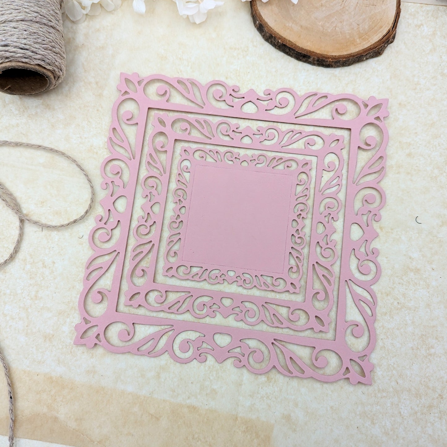 Stanzteile Rosé, doilies rosa, die cuts Rahmen, Kartengestaltung, Scrapbookdeko