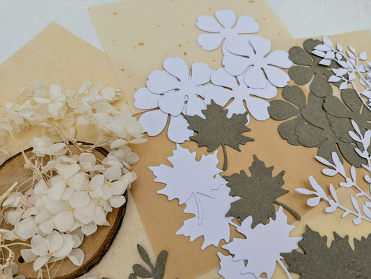 Stanzteile, die cuts, weiße Papierblumen, Scrapbookdeko, Journaling, Kartengestaltung, Kraftpapierblumen, Papierpflanzen, Kalendergestaltung, Bujodekoration, crafting