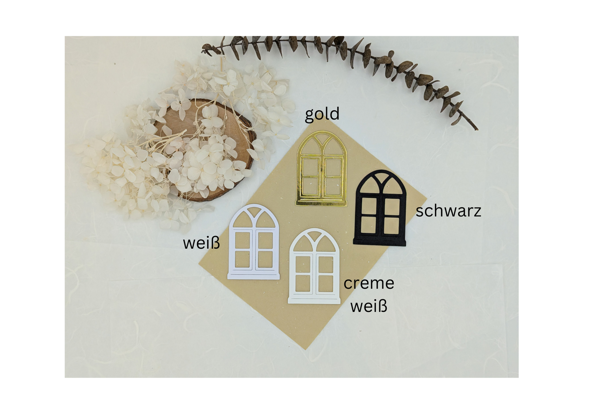 Stanzteile Fenster, weihnachtliche die cuts, Scrapbookdeko, Journaling, Stanzlinge gold und schwarz, weiße die cuts