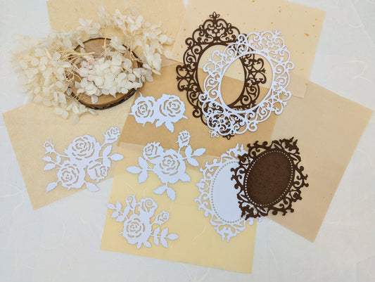 die cuts vintage Rahmen, Papieranhänger mit Spitze, ovale Stanzteile, Papierstanzteile, Scrapbook Dekoration, Papierrosen, weiße Rosen aus Papier, festliche Rahmen, runde die cuts, Anhänger aus Papier, Artjournaling, Bastelpapier