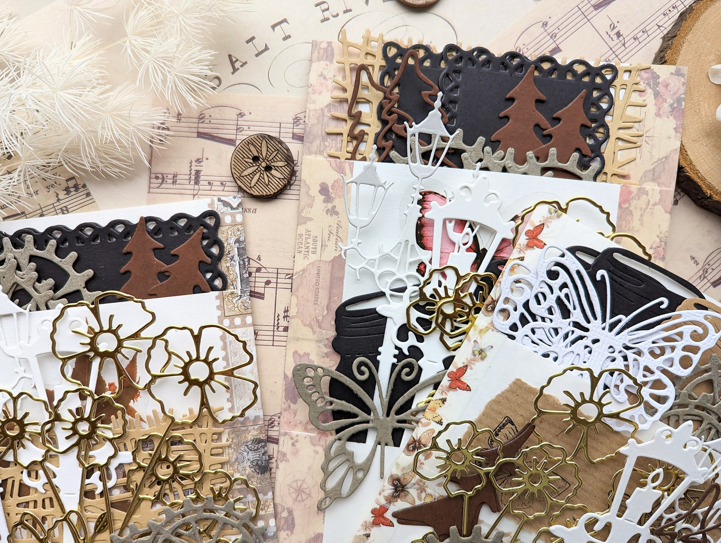 Stanzteile Set, die cuts Mix, Planerdeko, Scrapbooking, Stanzlinge, goldenes Papier, florale die cuts