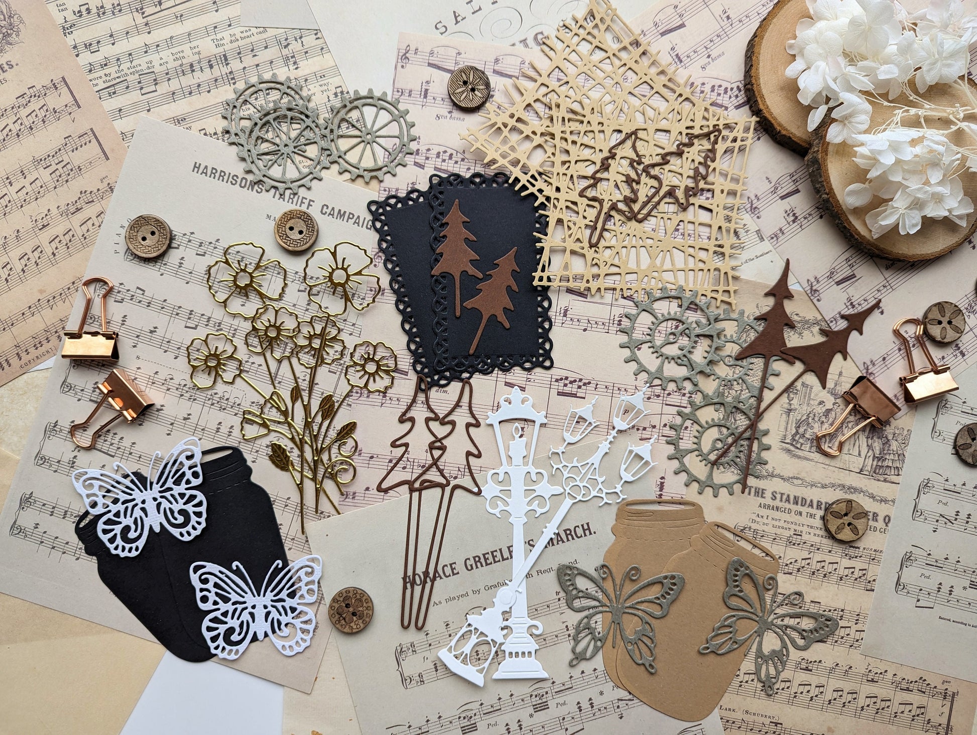 Stanzteile Set, die cuts Mix, Planerdeko, Scrapbooking, Stanzlinge, goldenes Papier, florale die cuts