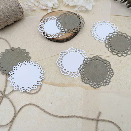 Stanzteile rund, doilies rund mit Spitze, Scrapbookdeko, Journaling, Anhänger